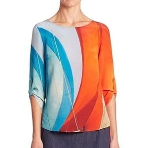 Akris‎ Punto Mullberry Silk Top 'Mainsail' Print Nautical Coastal Artsy Sz 8